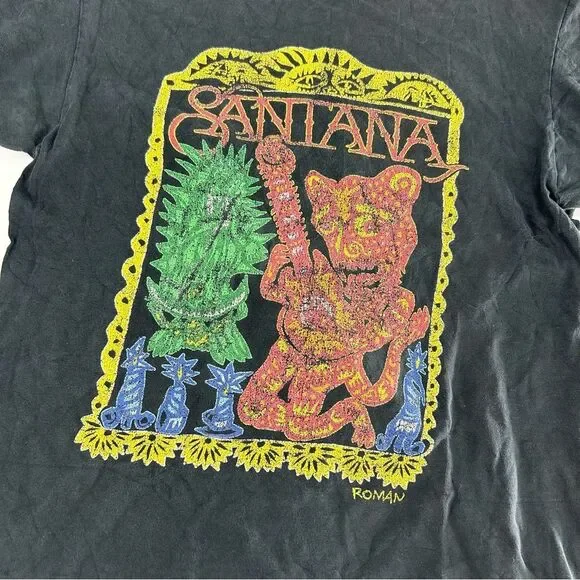 Vintage Carlos Santana Shirt Mens Medium Black Y2K Michael Roman River Of Colors - Picture 2 of 9